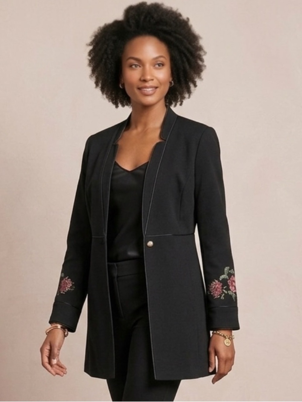 Chicos 2 Jacket Women's 12 Floral Embroidery Ponte Long Coat Cottage Boho Artsy